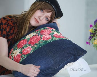 Hand worked denim pillow with rose flowers,