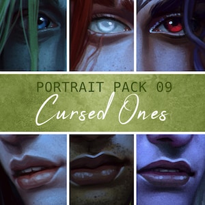 May include: Portrait pack 09: Cursed Ones. A digital art pack featuring close-up portraits of four faces with different eye colors and lip shapes. The eyes are blue, white, red, and purple. The lips are pink, white, and purple.