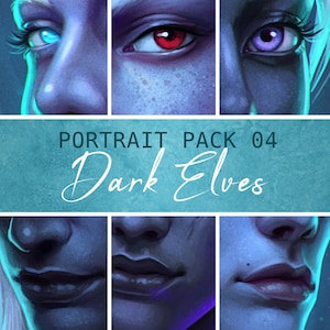 Puede incluir: Paquete de retratos de tres caras de elfos oscuros con diferentes colores de ojos y labios. El texto "PORTRAIT PACK 04 Dark Elves" está en la parte superior de la imagen.