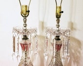 Hollywood Regency Matched Set Of Flashed Ruby Red and Crystal Table Lamps With 7 quot Prisms