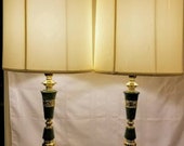 Matched Pair Green Marble and Bright Brass Figural Asian Style Buffet Lamps