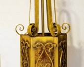 Retro Swag Hanging Lamp Enameled Metal Finish With 6 Pressed Amber Glass Panels