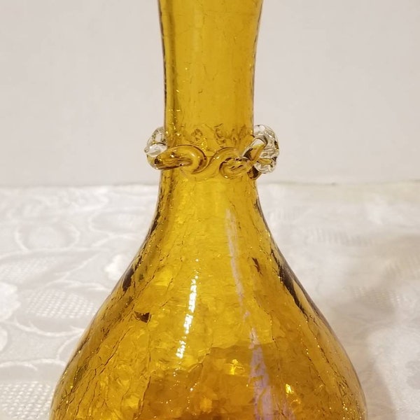 Blenko Amber Crackle Glass Ribbon Vase