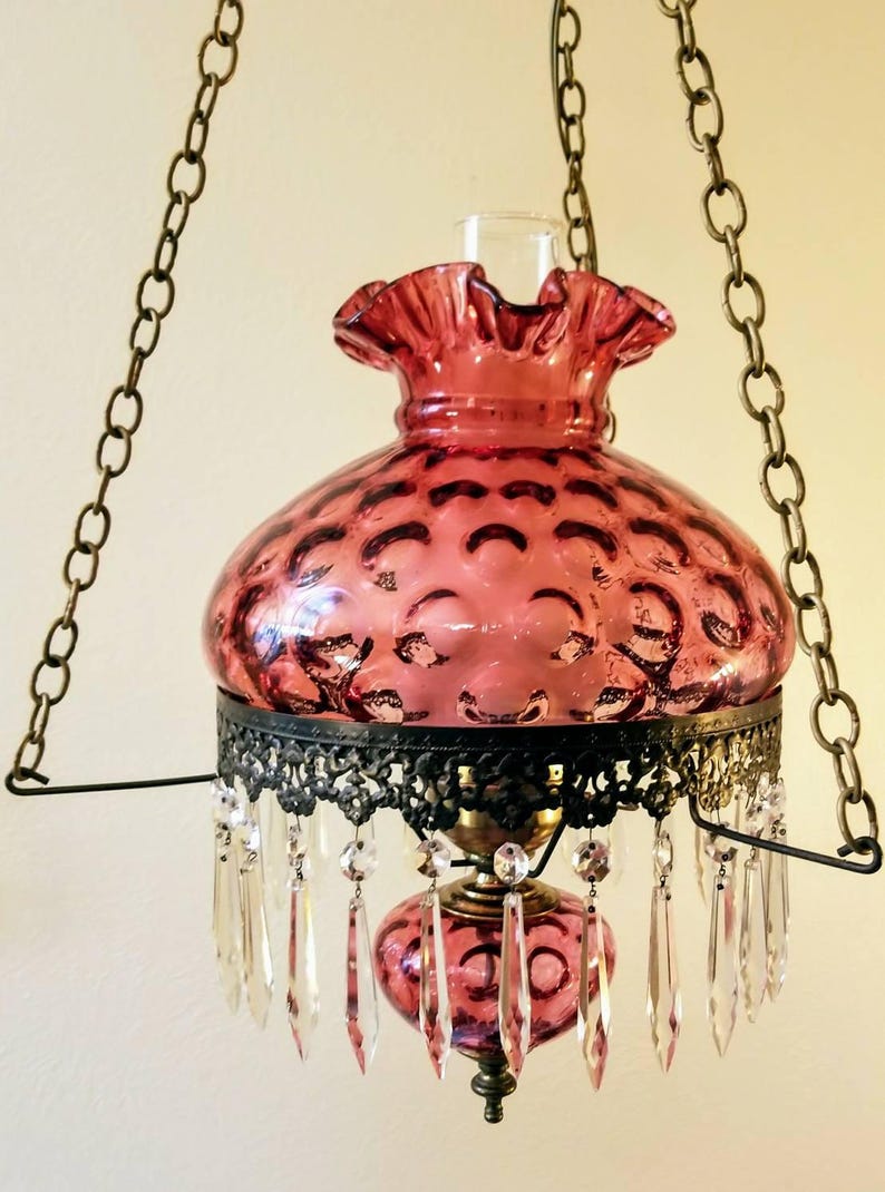 Fenton Cranberry Coin Dot 10 Shade Gwtw Hanging Lamp Image 0
