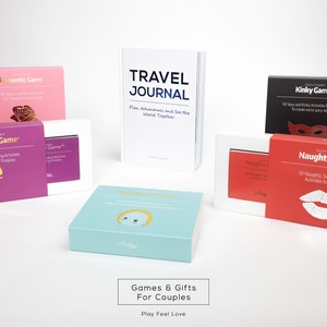 May include: A collection of games and gifts for couples, including a travel journal and several boxed games with titles like "Romantic Game," "Foreplay Game," "Kinky Game," and "Naughty Game." The boxes are various colors, including pink, purple, black, red, and teal.