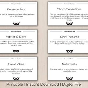 May include: A digital file featuring six white cards with black text and a black mask icon. Each card describes a different activity, such as "Pleasure Knot" and "Master & Slave." The bottom of the image reads "Printable | Instant Download | Digital File."