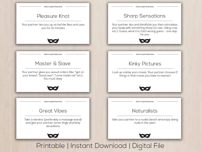 May include: A digital file featuring six white cards with black text and a black mask icon. Each card describes a different activity, such as "Pleasure Knot" and "Master & Slave." The bottom of the image reads "Printable | Instant Download | Digital File."