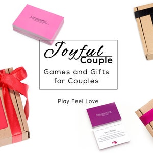 May include: An assortment of gift boxes for couples, each wrapped with a ribbon. The boxes contain games with titles like "Naughty Game" and "Kinky Game". The text "Joyful Couple" is displayed.