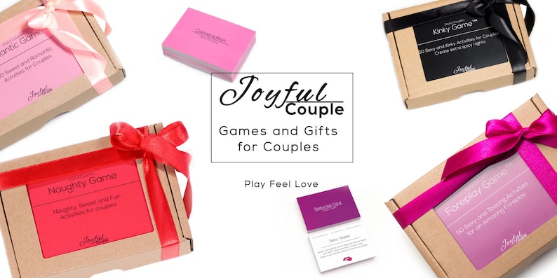 May include: An assortment of gift boxes for couples, each wrapped with a ribbon. The boxes contain games with titles like "Naughty Game" and "Kinky Game". The text "Joyful Couple" is displayed.