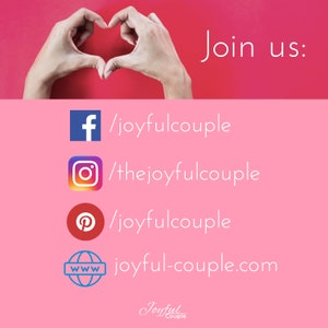 May include: Pink and red graphic with the text "Join us:" and social media icons for Facebook, Instagram, and Pinterest, along with a website address. The image includes hands forming a heart shape.
