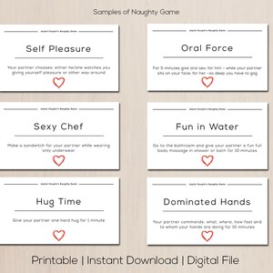 May include: A set of six white cards with black text and red heart illustrations. The cards are labeled with phrases like "Self Pleasure" and "Oral Force." The text "Samples of Naughty Game" and "Printable | Instant Download | Digital File" are also visible.