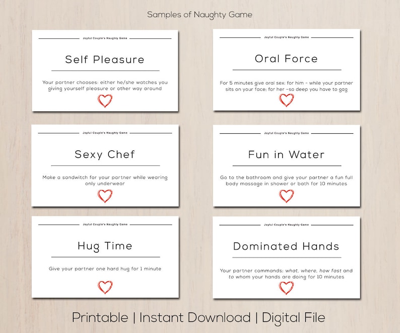 May include: A set of six white cards with black text and red heart illustrations. The cards are labeled with phrases like "Self Pleasure" and "Oral Force." The text "Samples of Naughty Game" and "Printable | Instant Download | Digital File" are also visible.