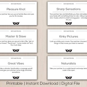 May include: A digital file featuring six white cards with black text and a black mask icon. Each card describes a different activity, such as "Pleasure Knot" and "Master & Slave." The bottom of the image reads "Printable | Instant Download | Digital File."