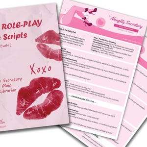 May include: A pink and red booklet with the title "Sexy Role-Play Phone Scripts for Her (vol-1)" and the text "Naughty Secretary, Obeying Maid, Strict Librarian". The booklet is open to reveal a pink and white page with the title "Naughty Secretary" and instructions for a role-playing game.