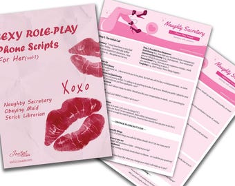 May include: A pink and red booklet with the title "Sexy Role-Play Phone Scripts for Her (vol-1)" and the text "Naughty Secretary, Obeying Maid, Strict Librarian". The booklet is open to reveal a pink and white page with the title "Naughty Secretary" and instructions for a role-playing game.