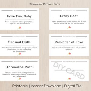 May include: A set of white cards with black text, featuring phrases like "Have Fun, Baby" and "Sensual Chills." Each card has a small floral illustration. The text "Printable | Instant Download | Digital File" is at the bottom.