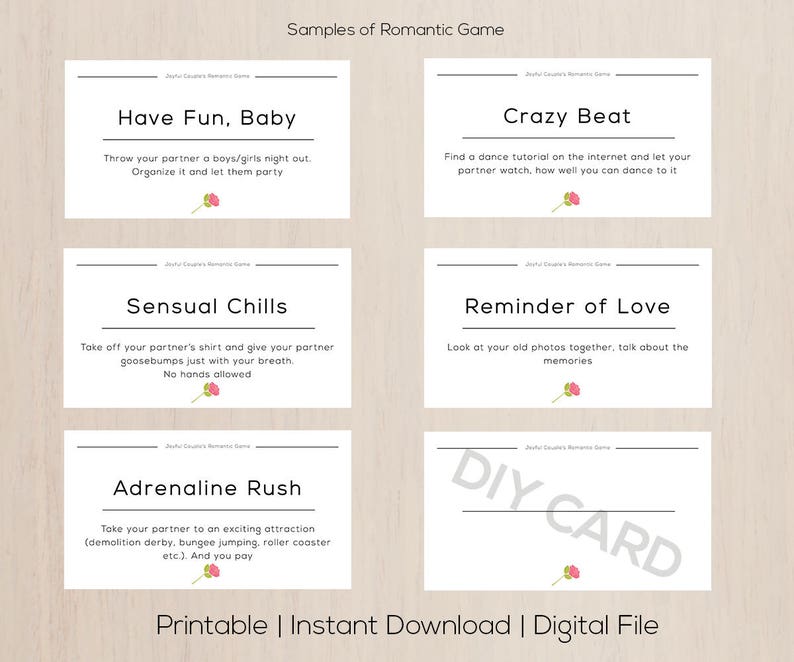 May include: A set of white cards with black text, featuring phrases like "Have Fun, Baby" and "Sensual Chills." Each card has a small floral illustration. The text "Printable | Instant Download | Digital File" is at the bottom.