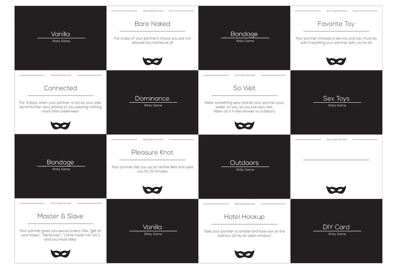 Card examples of Joyful Couple's Kinky Game - a spicy and sexy relationship game for couples