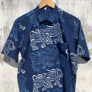 Indigo Hand Block Printed Cotton Shirt: Mens Summer Short Sleeve