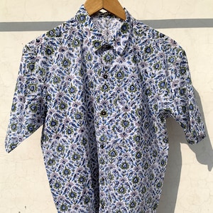 Hand Block Print Cotton Shirt: Short Sleeve Summer Top