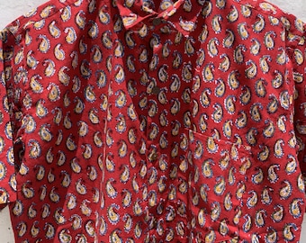 Hand Block Printed Cotton Shirt: Indian Paisley Short Sleeve