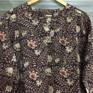Kalamkari Floral Print Cotton Tunic: Hand Block Printed Indian Blouse