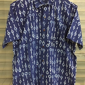 Indigo Block Print Cotton Shirt - Mens Summer Short Sleeve
