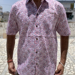 Hand Block Printed Cotton Shirt: Short Sleeve Indian Shirt