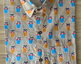 Camisa de algodón estampada a mano: manga corta de verano para hombre