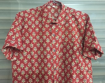 Mens Flower Print Cotton Shirt: Hand Block Printed Short Sleeve
