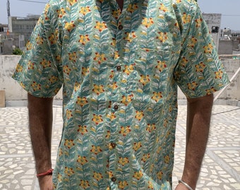 Hand Block Printed Cotton Shirt: Indian Floral Print Short Sleeve