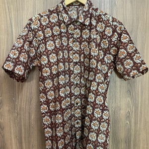 Mens Hand Block Printed Cotton Shirt: Indian Floral Print