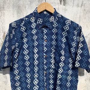 Mens Indigo Block Print Cotton Shirt: Short Sleeve Summer Top