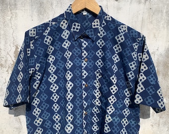 Mens Indigo Block Print Cotton Shirt: Short Sleeve Summer Top