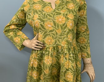 Handmade Cotton Maxi Dress: Boho Floral Block Print Long Dress