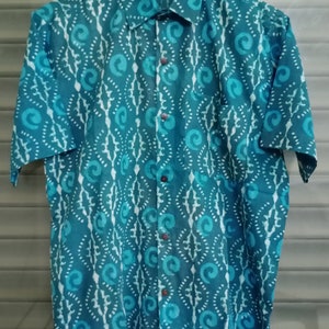 Indigo Hand Block Printed Cotton Shirt: Mens Summer Short Sleeve