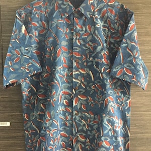 Indigo Block Print Cotton Shirt - Mens Summer Short Sleeve