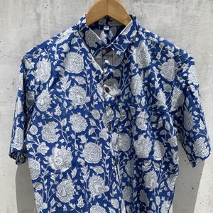 Hand Block Printed Cotton Shirt: Indigo Floral Summer Top