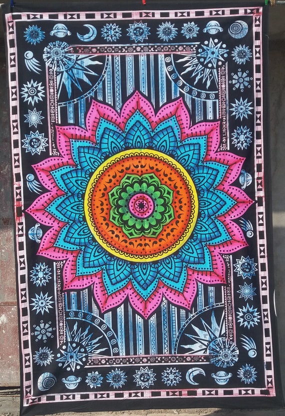 Brush Print Mandala Tapestry Wall Hanging Boho Decor Indian Tapestry Table Cover Tapestry Multi Color Cotton Tapestry