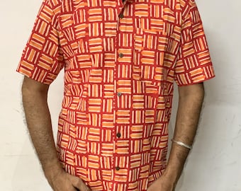 Mens Hand Block Printed Cotton Shirt, Indian Summer Wear