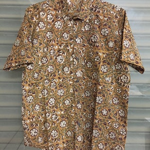 Hand Block Print Cotton Shirt: Mens Short Sleeve Summer Top