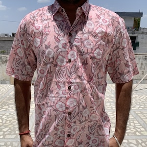 Hand Block Printed Cotton Shirt: Short Sleeve Floral Shirt