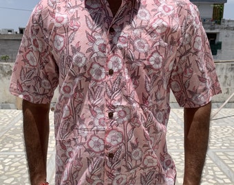 Hand Block Printed Cotton Shirt: Short Sleeve Floral Shirt
