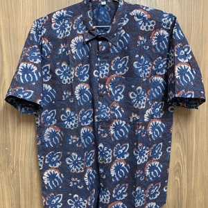 Mens Indigo Floral Shirt: Hand Block Printed Cotton Summer Top