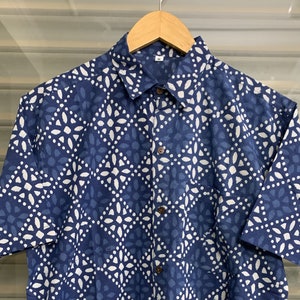Mens Indigo Block Print Cotton Shirt: Short Sleeve Summer Top