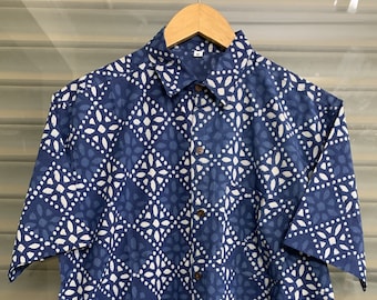 Mens Indigo Block Print Cotton Shirt: Short Sleeve Summer Top