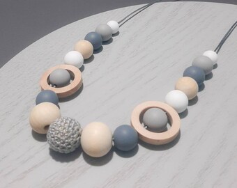 Grey & White Silicone Bead Sensory Necklace with Wooden and Crochet Beads