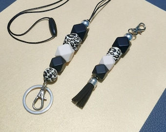 Leopard Print Lanyard & Tassel Keyring with Silicone Beads and Silver Accents