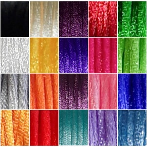 May include: A collection of 20 different colours of embroidery floss, each colour is shown in a separate square. The floss is arranged in rows of four squares.