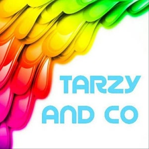 May include: A colourful abstract design with the text "Tarzy and Co" in blue.
